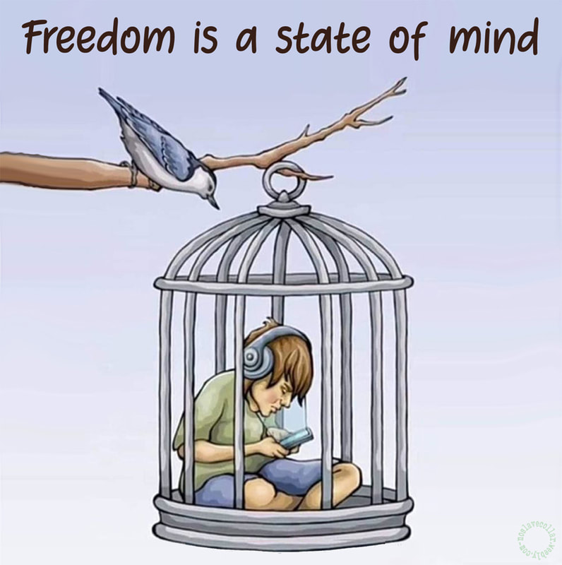 La liberté est un état d'esprit (garçon encagé avec son smartphone)