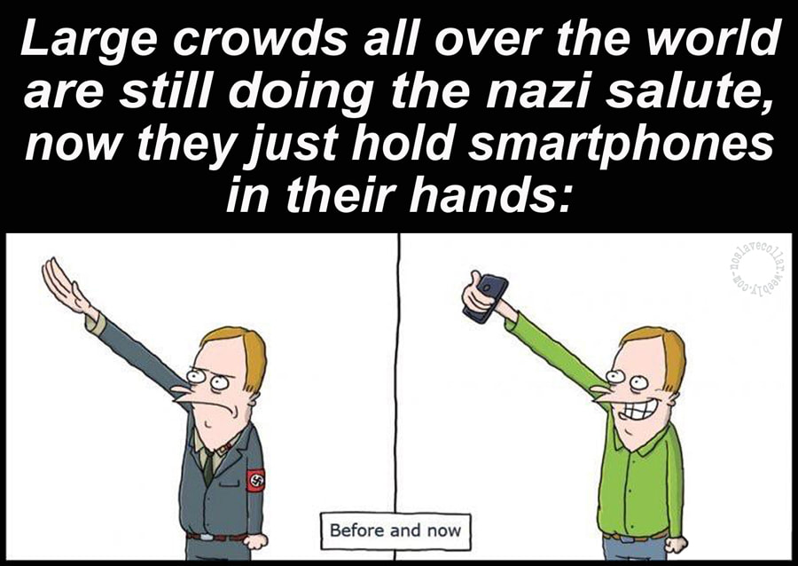 Dans le monde entier, des foules entières font toujours le salut nazi, mais elles tiennent désormais leurs smartphones à la main - Avant et maintenant