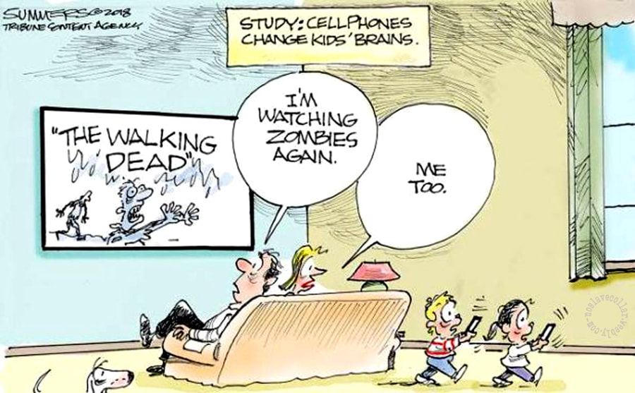 Étude: Les téléphones portables modifient le cerveau des enfants -Je regarde 'Zombies' à nouveau. -Moi aussi. (les enfants avec leurs téléphones sont des zombies)