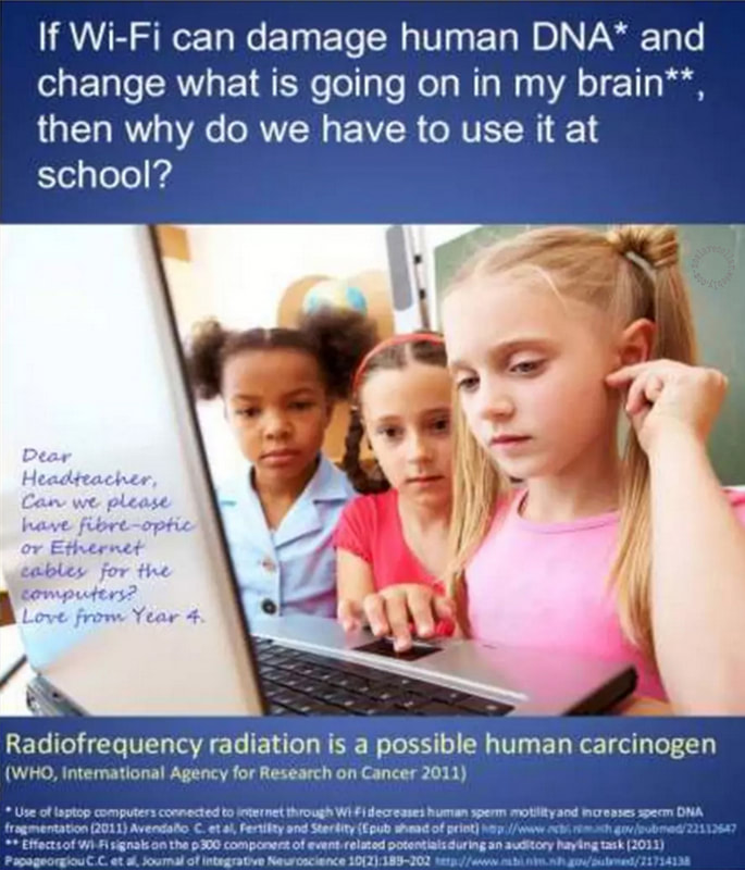 Si le Wi-Fi peut endommager l'ADN humain et changer ce qui se passe dans mon cerveau, alors pourquoi devons-nous l'utiliser à l'école? Cher Principal, pouvons-nous avoir des câbles en fibre optique ou Ethernet pour les ordinateurs? Bien à vous, de la part des élèves de 4e année.