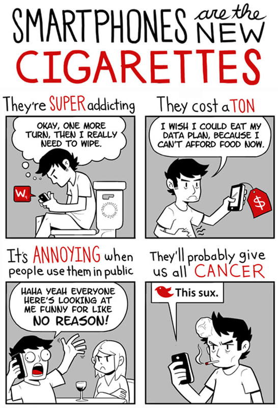 Les smartphones sont les nouvelles cigarettes - Ils sont super addictifs (ok, encore un peu et puis il faut vraiment que je m'essuie), ils coûtent une tonne (j'aimerais pouvoir manger mon forfait maintenant que je ne peux plus me permettre de manger), c'est ennuyeux quand les gens les utilisent en public (haha tout le monde ici me regarde bizarrement sans raison!), et ils vont probablement nous donner à tous le cancer.