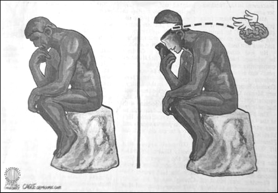 Le Penseur d'Auguste Rodin a cessé de penser au bout de 120 ans. En effet, son cerveau s'est envolé lorsqu'on lui a mis un téléphone portable entre les mains!
