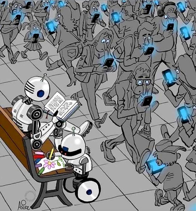 Des robots lisant et dessinant paisiblement sur un banc, tandis que la foule passe, hypnotisée... Qui donc est plus robotisé?
