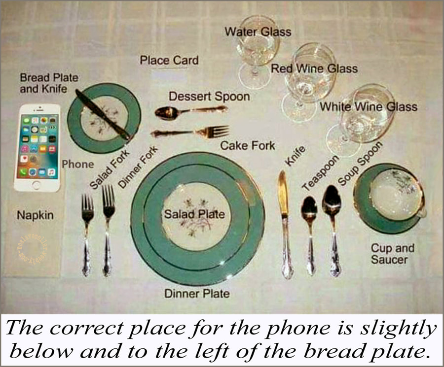 L'emplacement correct pour le téléphone se trouve légèrement en dessous et à gauche de l'assiette à pain.
