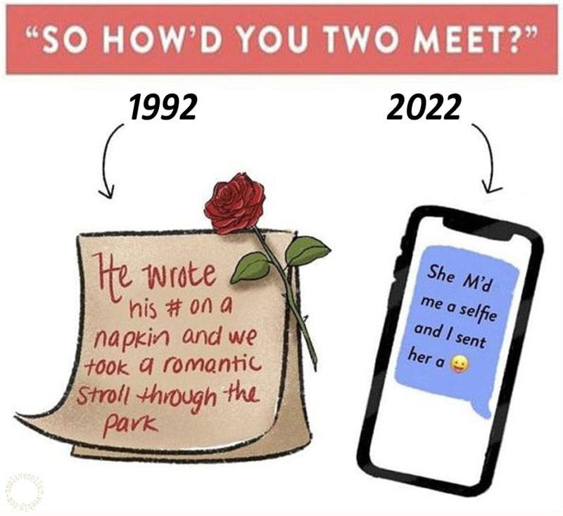 "Comment vous êtes-vous rencontrés?" 1992: Il a écrit son numéro sur une serviette et nous avons fait une promenade romantique dans le parc - 2022: Elle m'a envoyé un selfie et je lui ai envoyé un smiley
