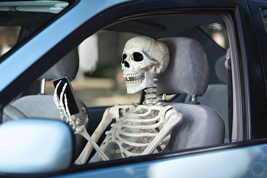 Squelette tenant un smartphone dans une voiture
