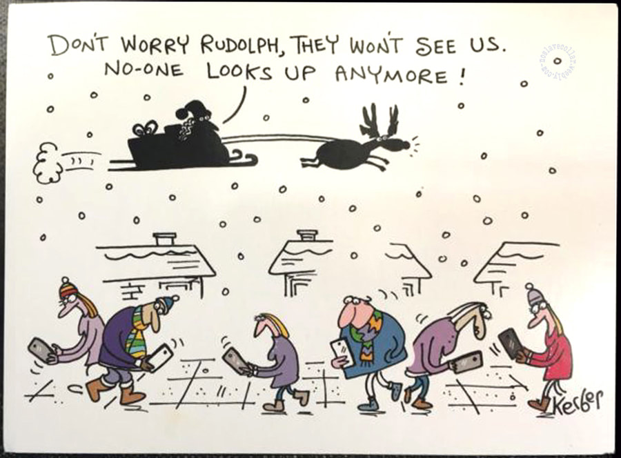 Carte de Noël: "Ne t'inquiète pas Rudolph, ils ne nous verront pas. Plus personne ne lève les yeux!"
