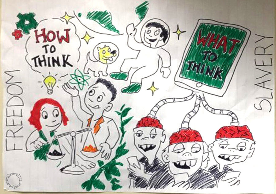 Poster affiché dans une salle de classe: il faut apprendre aux enfants COMMENT penser (liberté), et non CE QU'IL FAUT penser (esclavage).