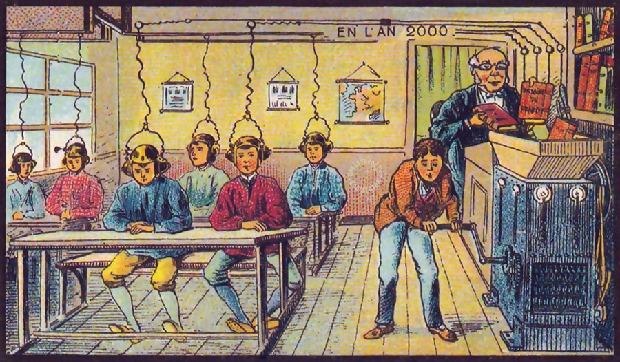 Illustration d'une salle de classe du futur (en l'an 2000), par Jean-Marc Côté (1899)