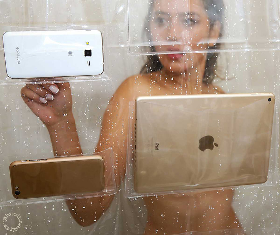 Rideau de douche avec des poches appelé "ScreenHolder"