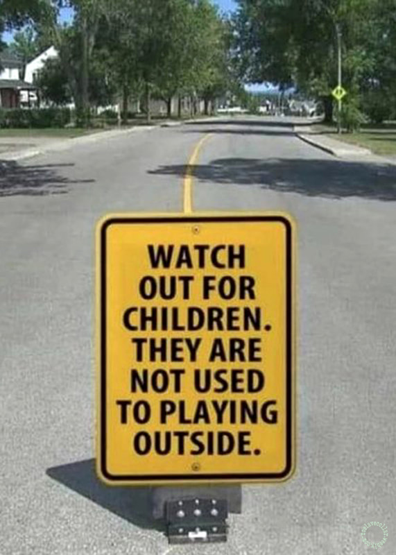 Panneau au milieu d'une route: "Faites attention aux enfants. Ils n'ont pas l'habitude de jouer dehors."