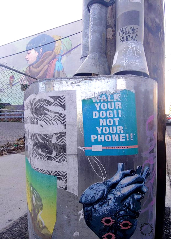 Une affiche dans la rue dit: "Promène ton chien, pas ton téléphone!"