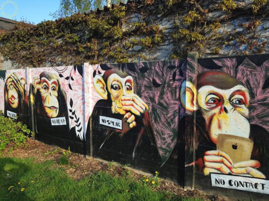 Fresque en Belgique - on peut y lire "Pas voir, pas entendre, pas parler, PAS DE CONTACT".